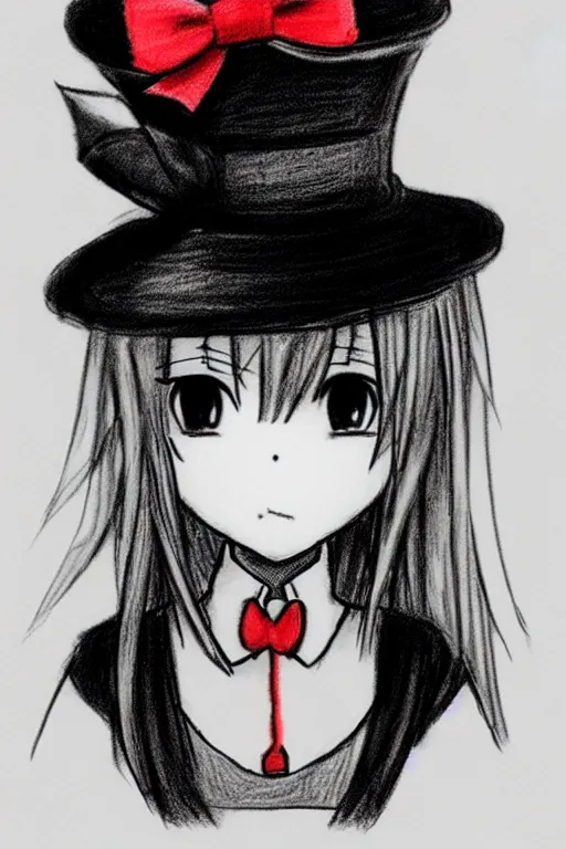 Image similar to highly detailed, cute loli in a tall black top hat, red bow, face profile, pencil sketch, gray scale, anime style