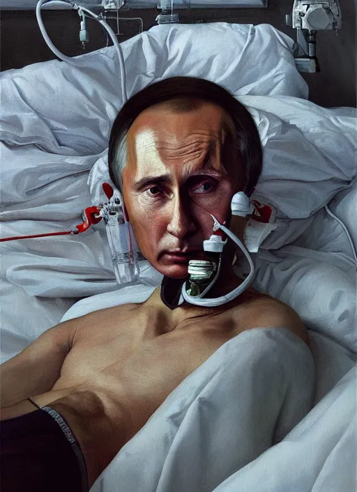 Image similar to a super very hyperrealistic oil painting of ill Vladimir Putin as a patient wearing an oxygen mask on a death bed inhaling from Copium tank that stand near his bed, visible face, by Laurie Greasley, Lawrence Alma-Tadema, Dan Mumford, artstation, deviantart, FAN ART, full of color, Digital painting, face enhance, highly detailed, 8K, octane, golden ratio, cinematic lighting