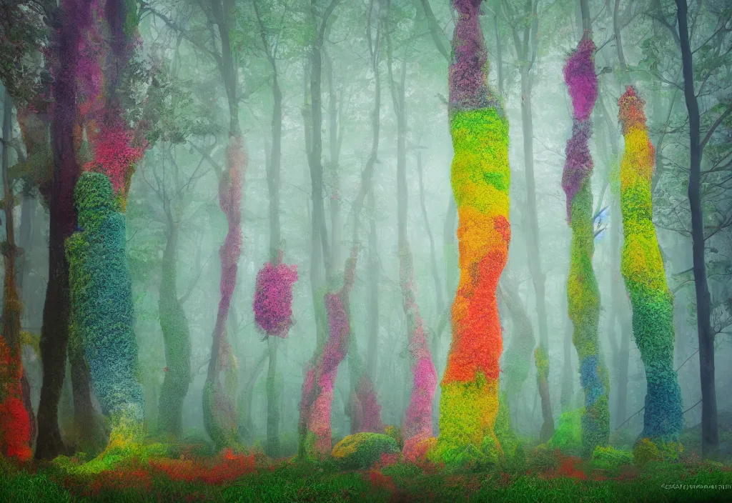 Prompt: conceptual art of an unseen forest, very colorful and magical surrounded by a wall made of fog
