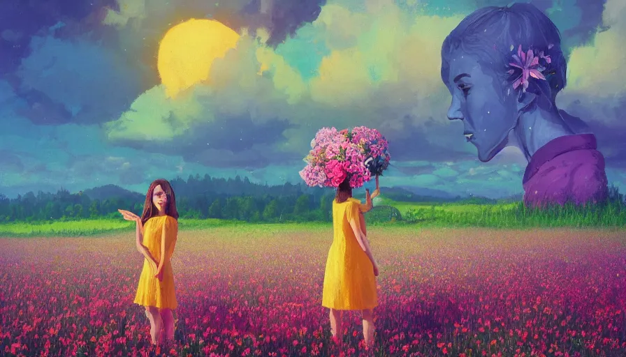 Image similar to girl with a giant flower as a face, surreal photography, dream, standing in flower field, hills, big trees, sunrise dramatic light, impressionist painting, colorful clouds, digital painting, pointillism, artstation, simon stalenhag, flower face