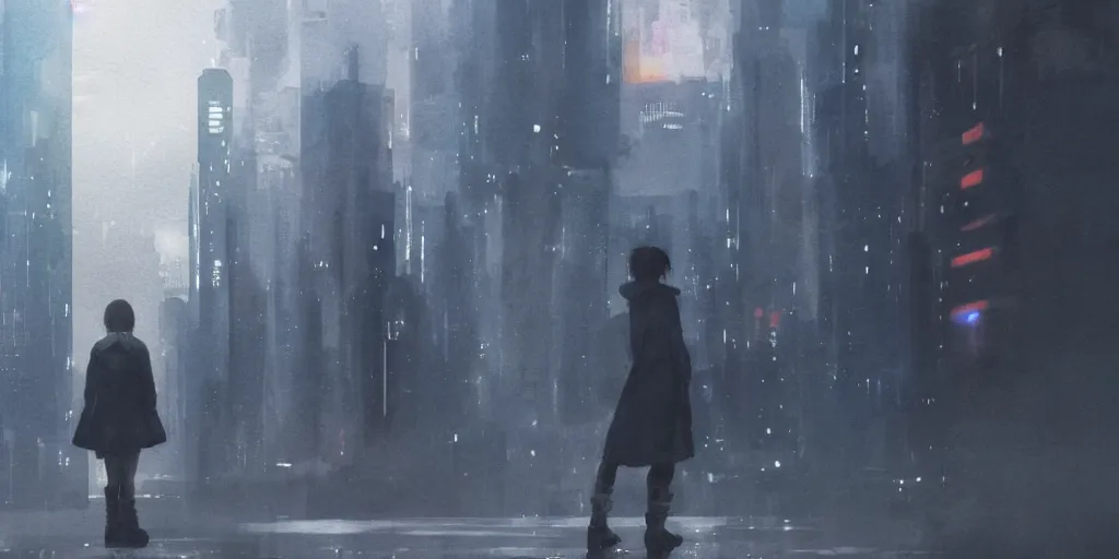 Prompt: incredible wide screenshot, ultrawide, simple watercolor, rough paper texture, ghost in the shell movie scene, backlit distant shot of girl in a parka