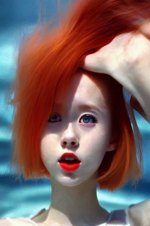 Prompt: Beautiful Holly Herndon as kitsune style cottagecore seinen manga Fashion photography portrait tokyo top gun(1980) movie still from underwater space dance scene of model, pointé pose;pursed lips, athletic, <<<<<(hysterical 😂 joyous laughter!!! expression !!! )>>, gaze down,harajuku hair, wearing refracting rainbow diffusion wet plastic zaha hadid designed specular highlights anti-g pilot suit, half submerged in heavy sunset golden hour floods, water to waist, , ,eye contact, ultra realistic, Panavision Panaflex X , Technicolor, 8K, 35mm lens, three point perspective, tilt shift mirror kaleidoscope orbs background, extreme closeup portrait, chiaroscuro, highly detailed, devine composition golden ration, by moma, by Nabbteeri by Sergey Piskunov