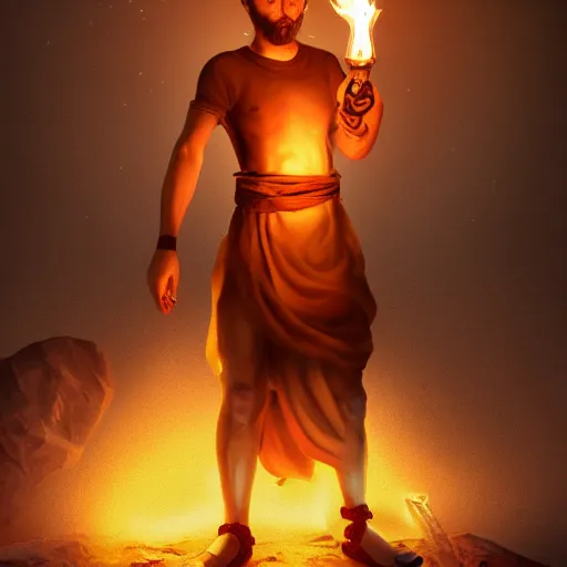 Image similar to award intense 27 year old Mediterranean skinned man in Ancient Canaanite tunic, holding a flaming torch, beard, short hair, Nighttime. action, violence, hyperdetailed, artstation, cgsociety, 8k