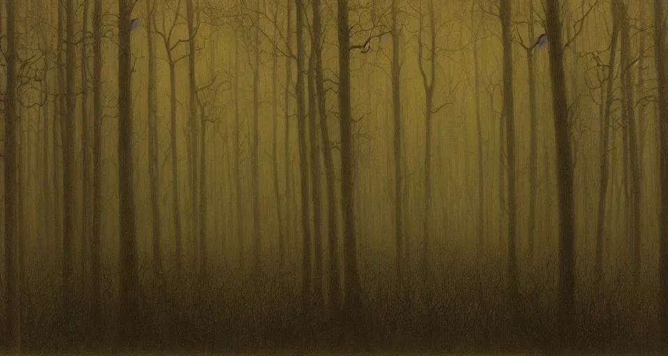 Image similar to A dense and dark enchanted forest with a swamp, by Zdzisław Beksiński