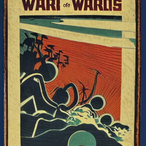 Prompt: war of the worlds radio play poster, late meiji period, colored woodblock