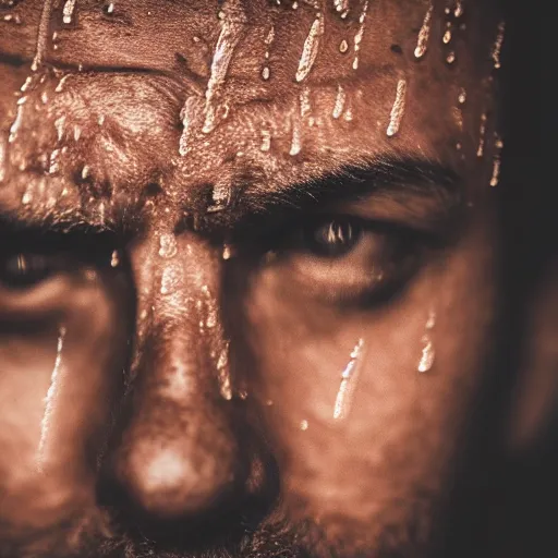 Prompt: macro lens close up of mans face sweating in dark contrast moody lighting with rain and short depth of field