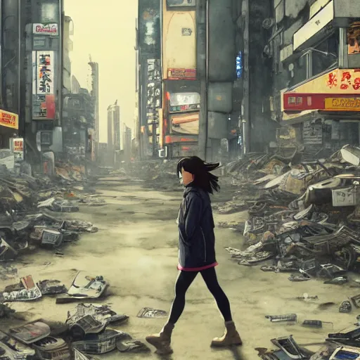 Image similar to incredible wide screenshot, ultrawide, simple watercolor, rough paper texture, ghost in the shell movie scene, backlit distant shot of girl in a parka running from a giant robot invasion side view, yellow parasol in deserted dusty shinjuku junk town, broken vending machines, bold graphic graffiti, old pawn shop, bright sun bleached ground, mud, fog, dust, windy, scary robot monster lurks in the background, ghost mask, teeth, animatronic, black smoke, pale beige sky, junk tv, texture, brown mud, dust, tangled overhead wires, telephone pole, dusty, dry, pencil marks, genius party, shinjuku, koji morimoto, katsuya terada, masamune shirow, tatsuyuki tanaka hd, 4k, remaster, dynamic camera angle, deep 3 point perspective, fish eye, dynamic scene