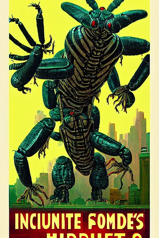 Image similar to insectoids culling puny humans, giant insect monsters, movie poster, digital science fiction pulp art