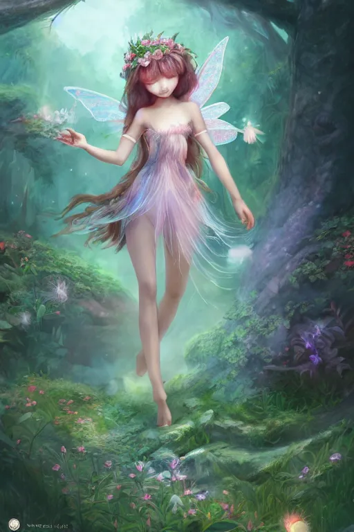 Image similar to a cute and geogerous fairy in the dreamy forest, fantasy, dreamlike, 8 k resolution, hyper detailed, d & d, character design, digital painting, trending on artstation, sharp focus, illustration, art by viktoria gavrilenko, hoang lap, fuji choko, steve zheng,