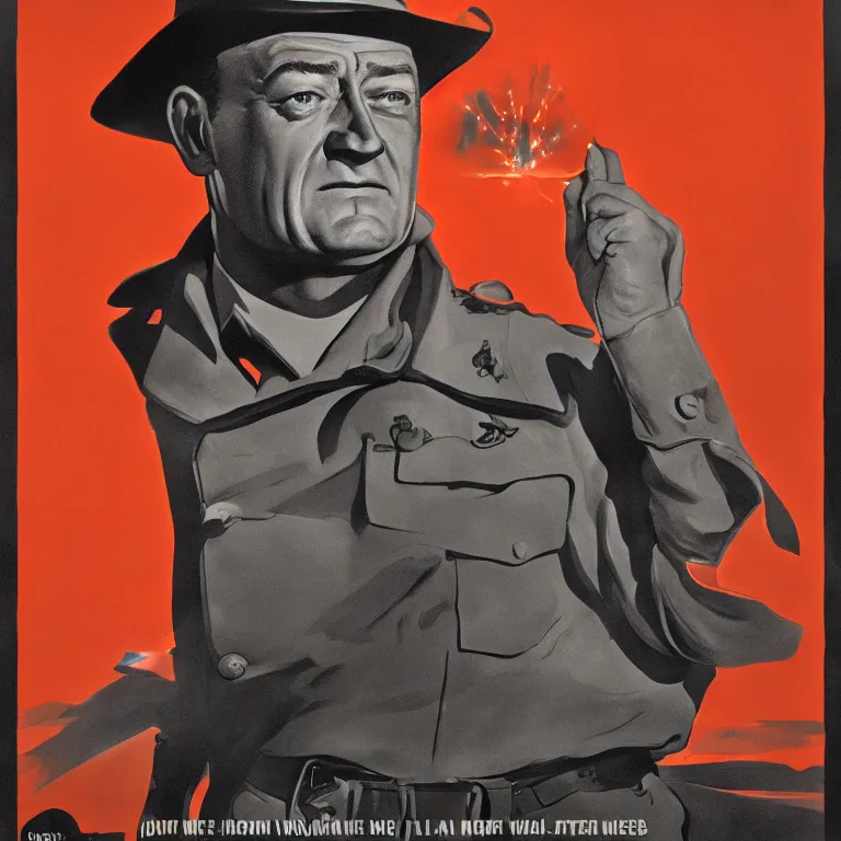 Prompt: propaganda poster john wayne with beams of light coming from behind his head, 8 k, trending on artstation