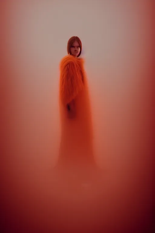 Prompt: a runway model wearing dorhout mees, macro photography, long exposure photograph, surrealism, anamorphic bokeh, cozy, soft light, orange and teal, caustic, atmospheric fog, octane render, cinematic