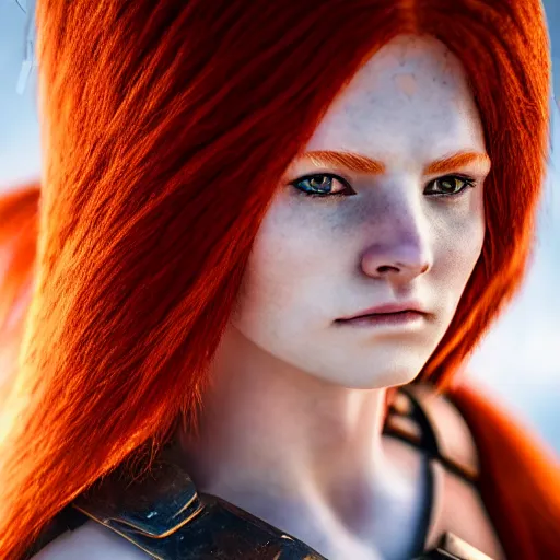 Prompt: north female warrior, red hair, ginger hair, fantasy, high detailed, full body, photography, cloudy, lightweight armor, Scandinavia, plain, Authentic, detailed face, cute face, professional photographer, 8k 3D