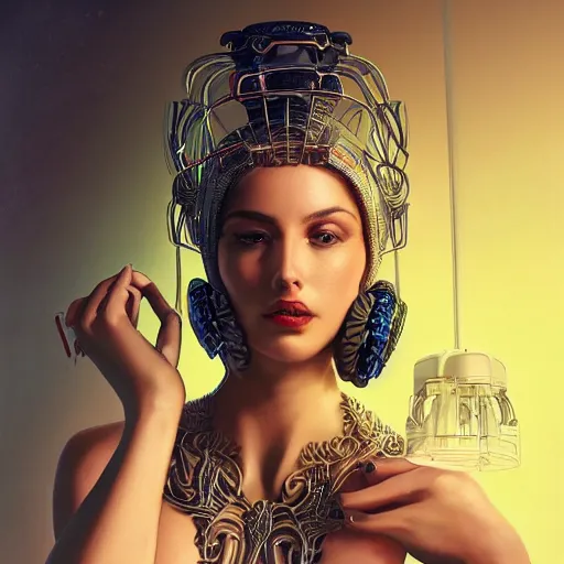 Prompt: very seductive woman integrating with technology, full face, insipiring, detailed intricate ornate cables connected to head, big open electric eyes, luxurious detailed abundent wiring and implants, diamonds, sci-fi, neon, emeralds, detailed technology full background, highly detailed, artstation, Rene Lalique and Eddie Mendoza and Gil Elvgren