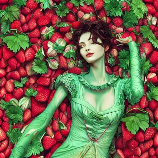 Image similar to the portrait of an absurdly beautiful, graceful, elegant, sophisticated, stylish woman made of strawberries and green petals looking up, an ultrafine hyperdetailed illustration by kim jung gi, irakli nadar, intricate linework, bright colors, octopath traveler, final fantasy, unreal engine 5 highly rendered, global illumination, radiant light, detailed and intricate environment