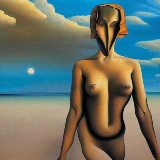 Prompt: A surreal oil painting of a puzzle containing a beautiful woman on a desert beach by Salvador Dali, dark vibes, high contrast, cinematic, depth of field