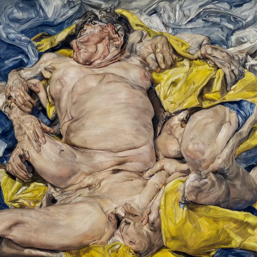 Prompt: high quality painting by lucian freud and jenny saville, hd, high contrast, fine details, mangenta, hd, blue, yellow