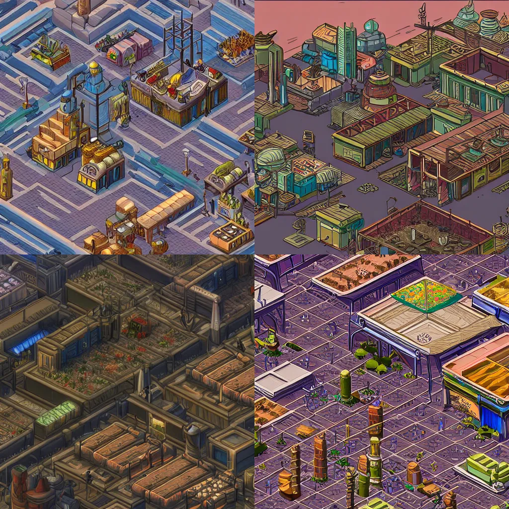 Prompt: a marketplace with lots of people in an industrial desert city in the style of moebius