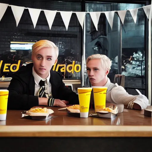 Image similar to Draco Malfoy and Eddie Munson sitting at a booth in McDonalds, McDonalds interior background, photo