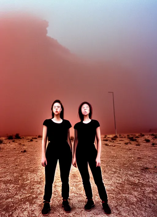 Image similar to photographic portrait shot on cinestill 5 0 d of two loving clones in front of a brutalist dark metal facility, techwear women on a desolate plain with a red sky, diverse, dust storm, 3 5 mm, 8 k, depth of field, high resolution, ultra realistic faces