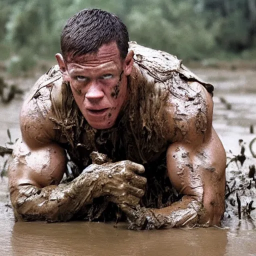 Image similar to film still of john cena as major dutch, covered in mud, hiding from the predator in swamp scene in 1 9 8 7 movie predator, hd, 8 k