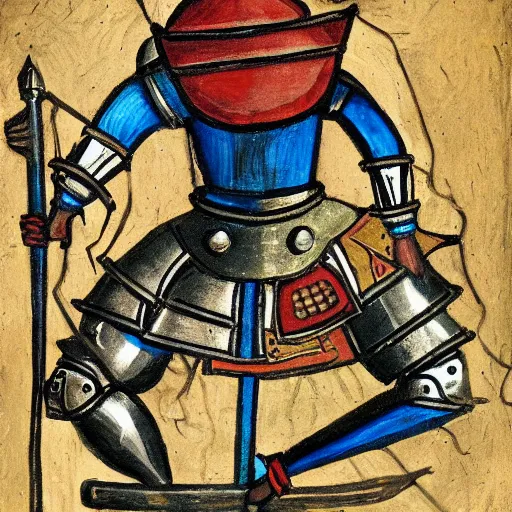 Image similar to one - armed medieval armored knight with bucket on his head, painting