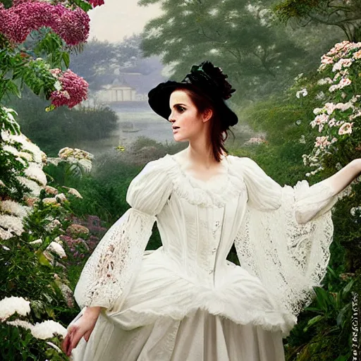 Prompt: full body fashion model emma watson smokey eyes makeup eye shadow fantasy, glow, shimmer as victorian woman in a long white frilly lace dress and a large white hat having tea in a sunroom filled with flowers, roses and lush fern flowers ,intricate, night, highly detailed, dramatic lighting , high quality by Hasui Kawase by Richard Schmid