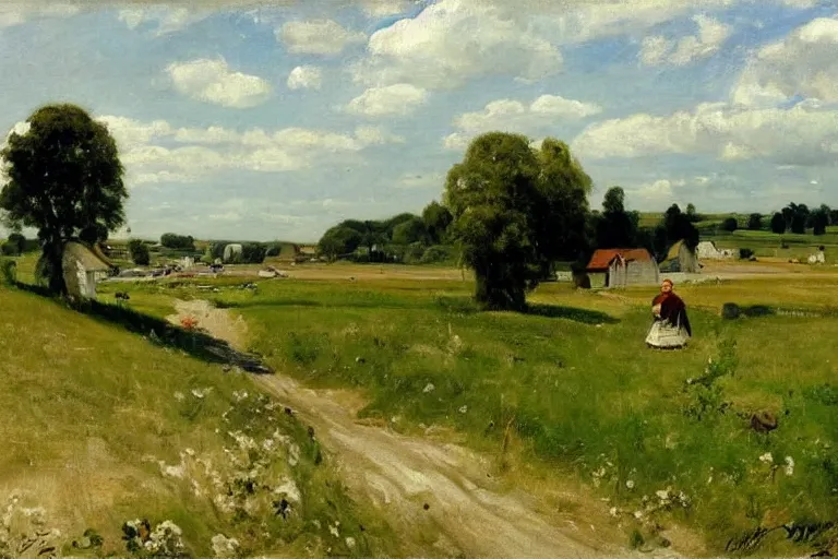 Image similar to P.S. Krøyer painting of idyllic danish rural landscape