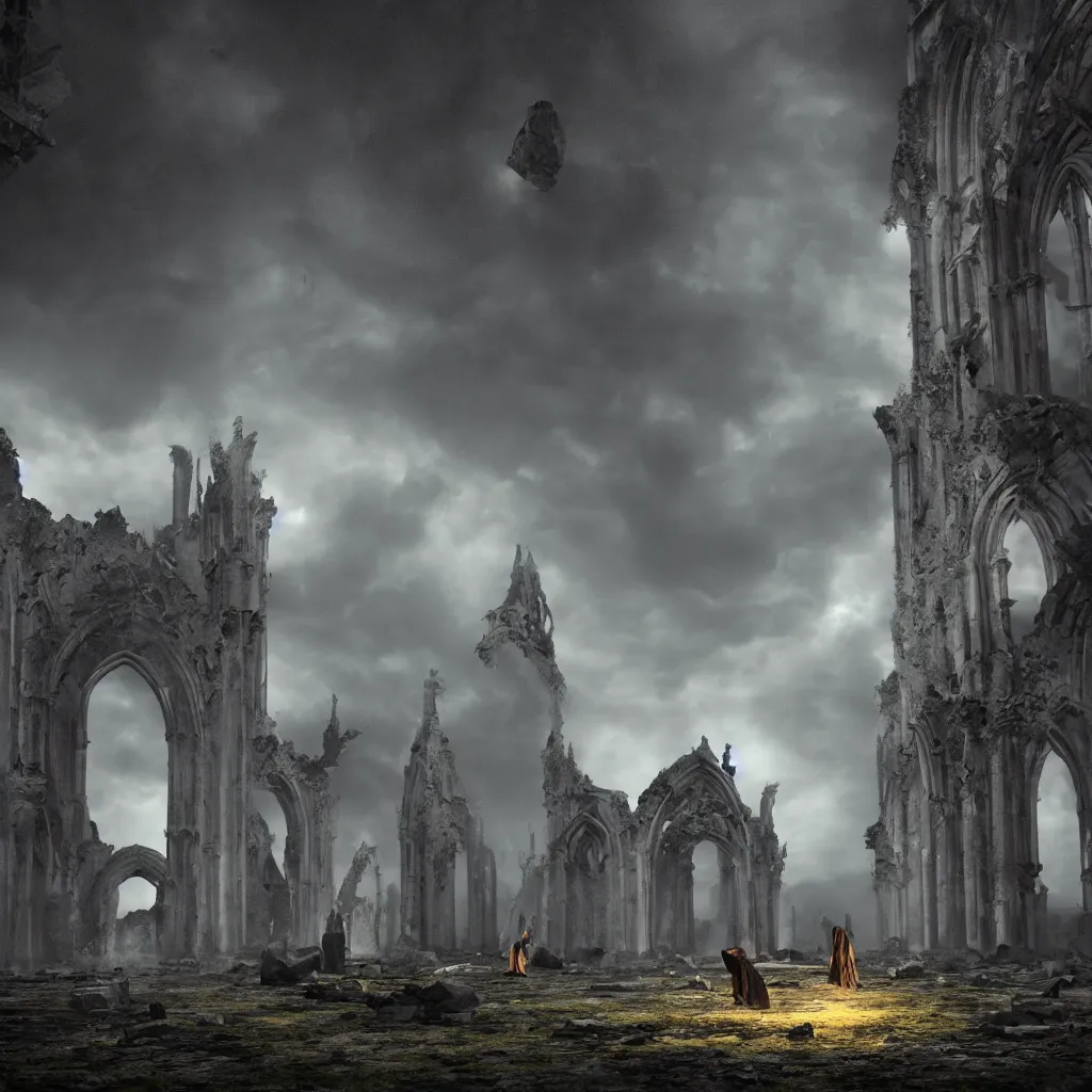 Image similar to Photorealistic strange dark monks perform a ritual in a ruined cathedral. Ominous storm clouds, strange levitating stones, stones falling from the sky, a gentle rising mist. occult photorealism, UHD, amazing depth, glowing, golden ratio, 3D octane cycle unreal engine 5, volumetric lighting, cinematic lighting, cgstation artstation concept art