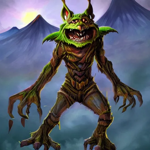 Image similar to a highly detailed goblin with dark skin and yellow eyes that glow, Like magic the gathering, goblin chainwalker, with a volcano in the background, digital art, by Christopher rush