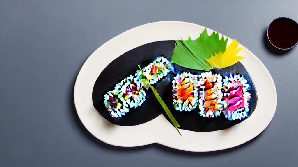 Image similar to an arrangement sushi on a white ceramic platteri, japan, a collage painting, in the style of wes anderson, lola dupre, david hockney, isolated on negative white space background dark monochrome neon spraypaint accents volumetric octane render