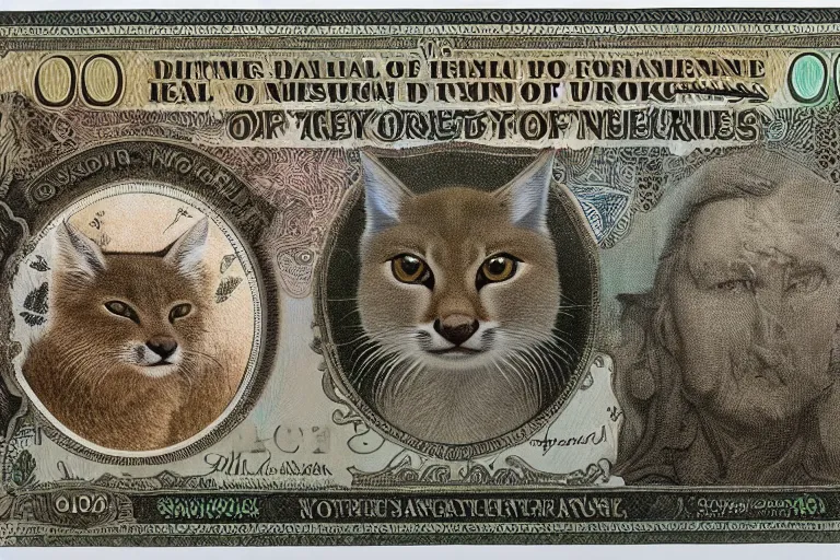 Image similar to one dollar banknote with face of cute caracal on it, intaglio style, photo realistic, ultra detailed, 8k, sharp focus