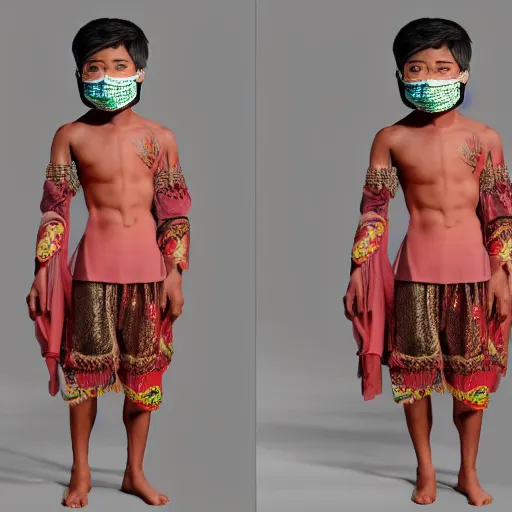 Image similar to 8 k, uhd, 1 9 4 7 asian boy use wear topeng sunda mask, with casual clothes, highly details form