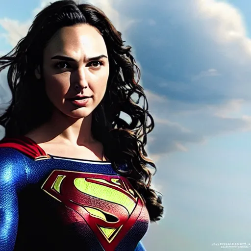 Prompt: an potrait of gal gadot cast of movie man of steel and wearing a superman suit, photorealistic high detail, full body shot, .