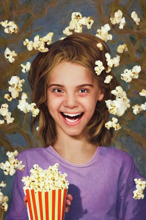 Image similar to portrait ancient of a happy girl, lots of flowers and popcorn around, hyperrealistic, hightech