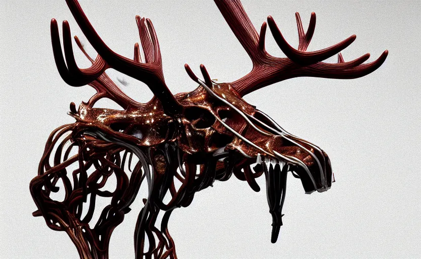 Prompt: stylized shiny polished silver statue bizarre cosmic horror quadruped animal moose deer skull four legs made of slug creature tendrils, perfect symmetrical body, perfect symmetrical face, hyper realistic, hyper detailed, by johannen voss, by michelangelo, octane render, blender, 8 k, displayed in pure white studio room anatomical deep red arteries veins spaghetti flesh