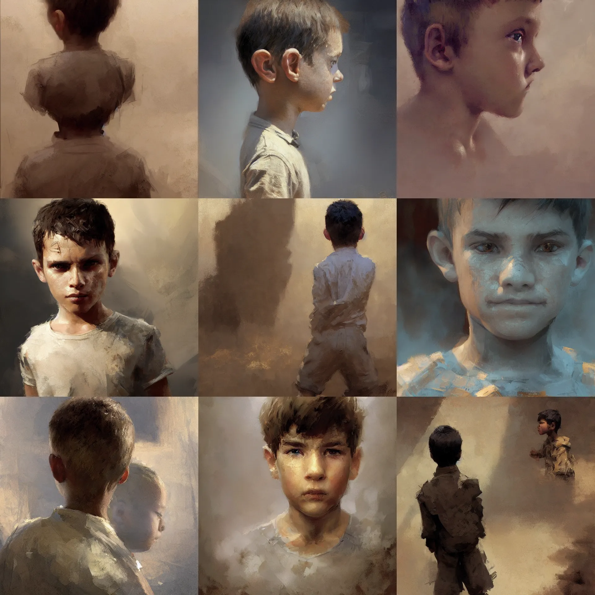 Prompt: digital art painting of a young boy looking backwards painted by craig mullins and gaston bussiere and greg rutkowski, symmetrical facial features, symmetrical face, defined facial features, dramatic lighting, close up