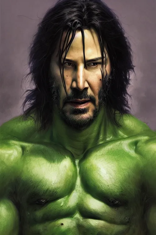 Prompt: Portrait of Keanu Reeves as green Hulk, marvel, dark, intricate, highly detailed, smooth, artstation, digital illustration by Ruan Jia and Mandy Jurgens and Artgerm and Wayne Barlowe and Greg Rutkowski and Zdislav Beksinski