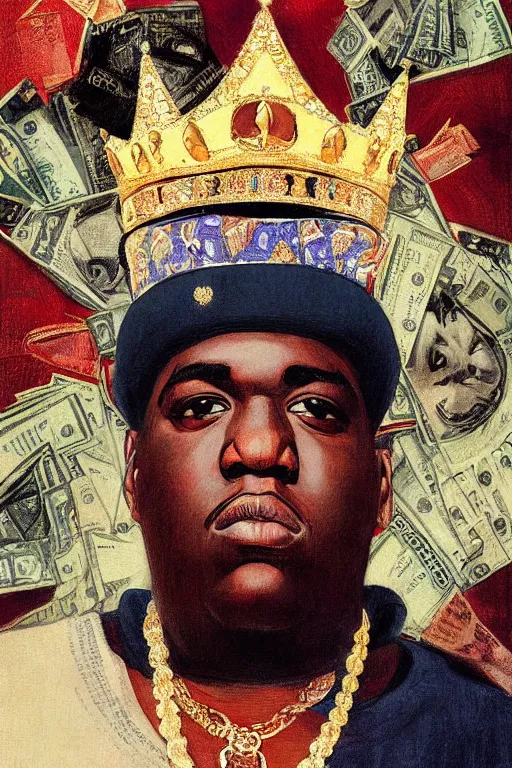 Image similar to portrait of biggie smalls with kings crown and royal outfit, royal background, piles of money, modern, eclectic, illustration, by ramon casas