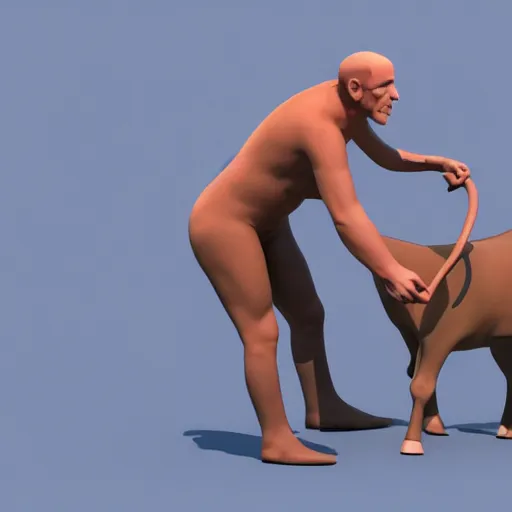 Prompt: a 3d render of mark zuckerburg half human half cow getting his udders milked, in the style of beeple,