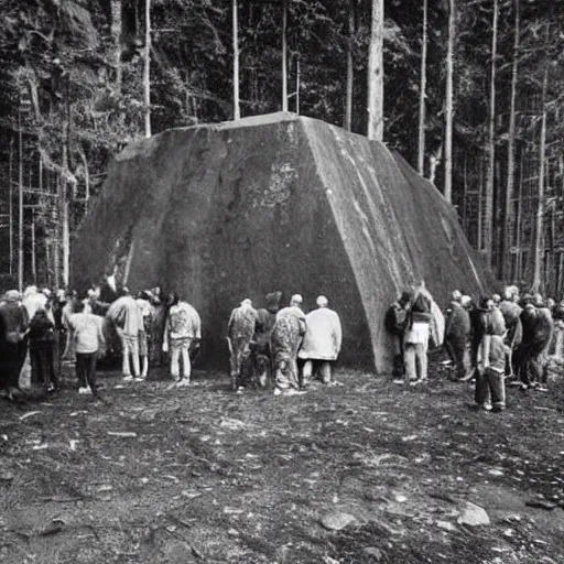 Image similar to old photograph of a cult surrounding a giant alien monolith in a haunted forest, epic composition