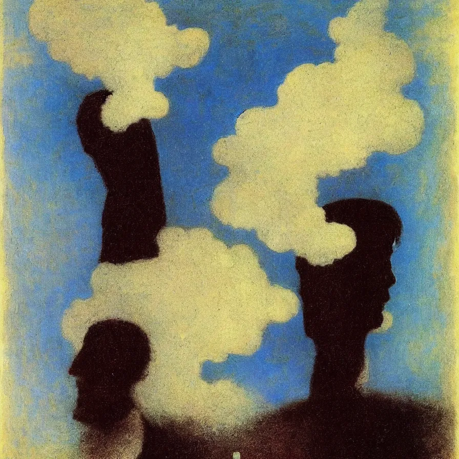 Image similar to surrealim symbolism artwork by odilon redon of a man with a stormy cloud for a head.