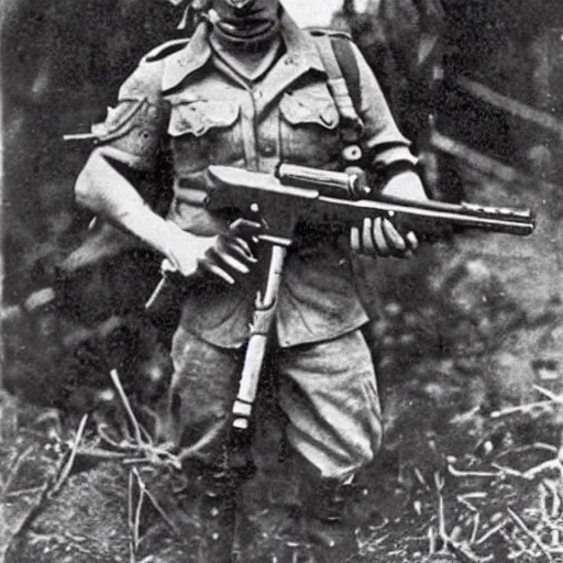 Image similar to old wartime photograph of crash bandicoot the video game character holding a lewis gun, 1 9 1 7