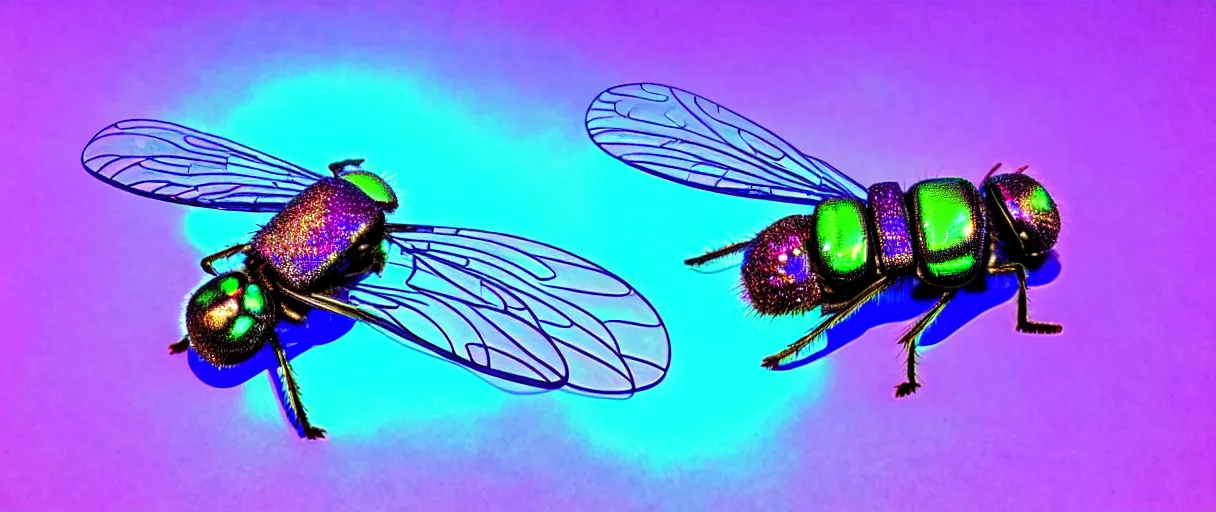 Image similar to high quality photo glowy iridescent giant fly! jeweled very beautiful! highly detailed digital art david ligare elson peter cinematic purple neon lighting high quality low angle hd 8k sharp shallow depth of field