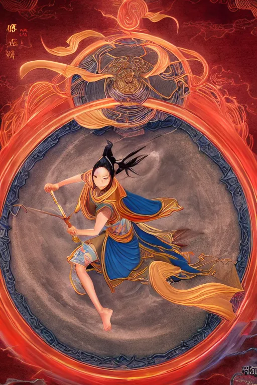 Image similar to nezha flies around swiftly on his wind flame circles, chinese mythology, top view, cinematic, fantasy character portrait, highly detailed, by new gods : nezha reborn, nezha : birth of the demon child,