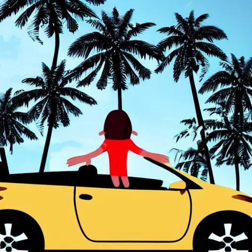 Image similar to human with frog face driving car, palm trees