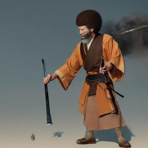 Image similar to an ultra detailed matte painting of bob ross smoking a pipe and dressed as a wandering ronin samurai, edo japan, concept art by jeong seon and greg rutkowski, octane render, 8 k, detailed face