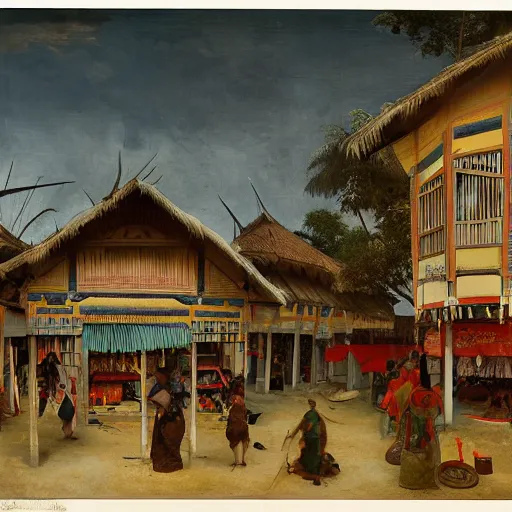 Image similar to architectural painting of Indonesian Maori Tlingit bazaar, by Bruegel and Greg Rutkowski and Nathan Jackson