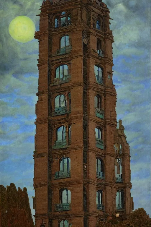 Image similar to view of the old tower and its gardens after a storm, tall windows lit up, beautiful ornamental architecture, dramatic cinematic lighting, rich colors, by Caspar David Friedrich and Diego Rivera and ford madox brown and Nicholas Roerich and April Gornik, smooth, sharp focus, extremely detailed, featured on artstation