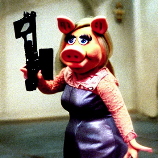 Image similar to movie still of miss piggy starring as trinity in the matrix 1 9 9 9 movie