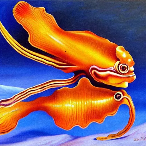 Image similar to oil painting of caramel cornstar fish by salvador dali, highly detailed, painted by someone who paints with their toes